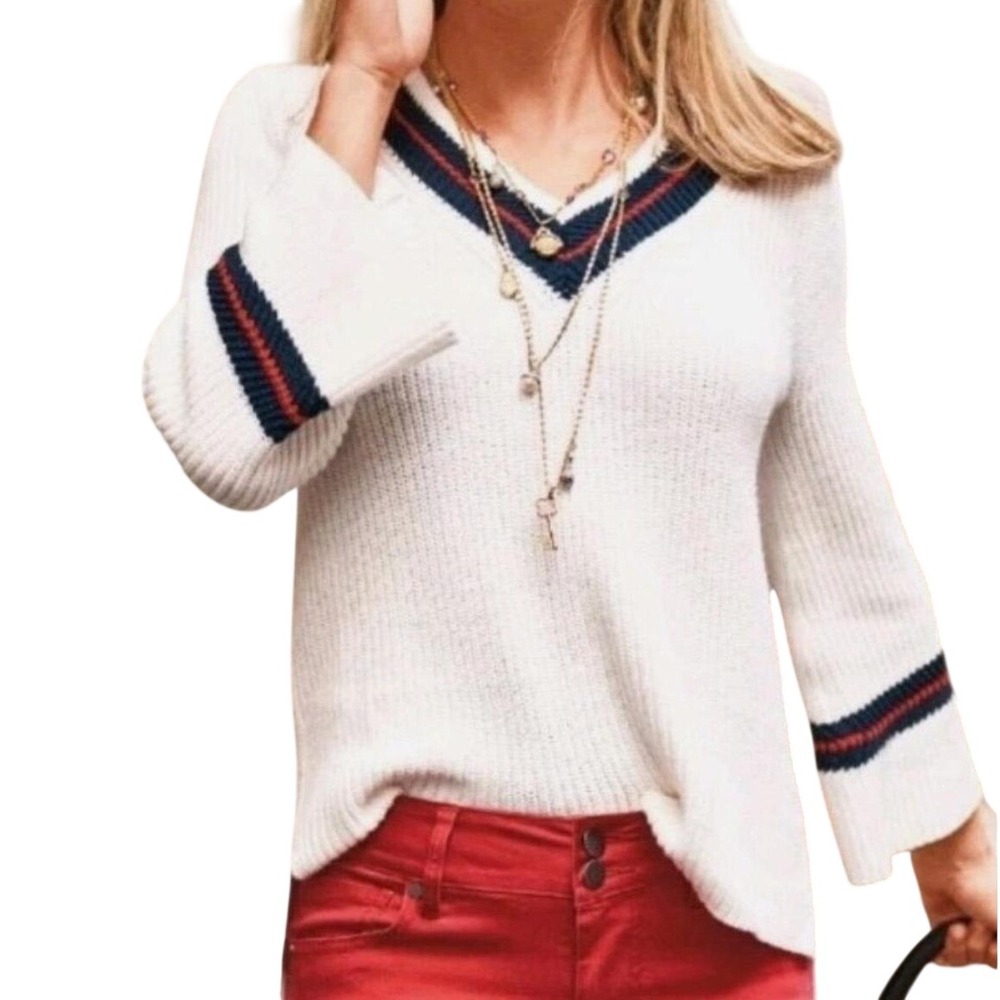Cabi V-Neck Bell Sleeve Sweater L Preppy White Cotton Blend Ribbed Knit Academic